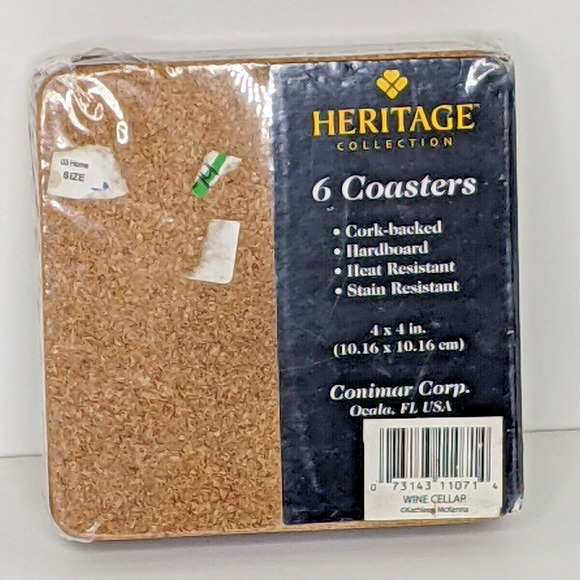 NEW Coasters Set 6 WINE CELLAR Cork Back Hardboard Wine Bottles Grapes 4 x 4" - Picture 2 of 3